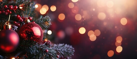 Obraz premium Christmas tree with red baubles and lights with bokeh background and copy space