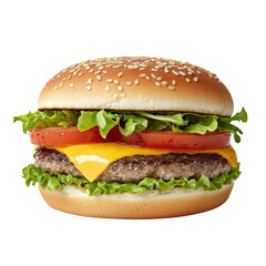 Delicious cheeseburger with fresh lettuce, tomato, and a sesame seed bun.