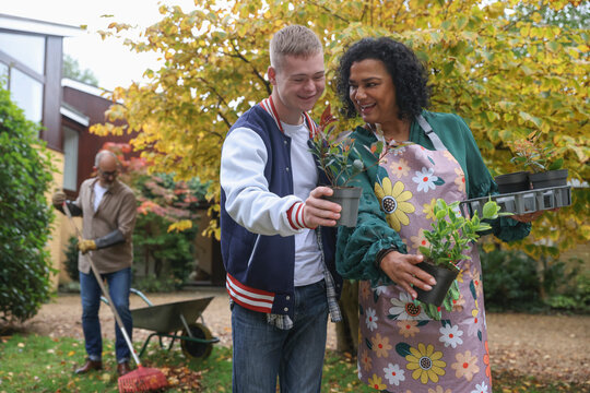 Mature mother with adult son looking at plants in garden, mature man raking in background