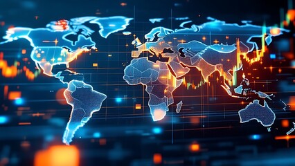 Financial trading graph with candlestick chart and binary data on dark blue digital background depicting global market trends. 3D Rendering