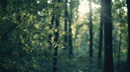 Fototapeta premium Sunlit Forest with Green Foliage and Tall Trees in Early Morning Light