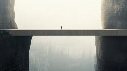 Couple on minimalist bridge, misty canyon background; concept image