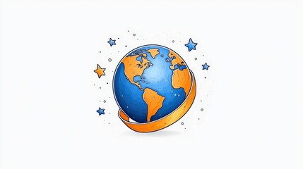 Naklejka premium Colorful Cartoon Earth with Orange Ribbon and Stars for Global Themes and Creative Designs