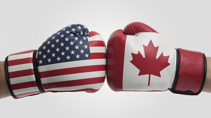 American tariffs. Boxing Gloves with American and Canadian Flags Facing Each Other, Symbolizing Rivalry or Competition, Isolated on White Background. Conceptual image of tariffs