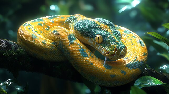 Green tree python coiled on branch, rainforest background, wildlife poster
