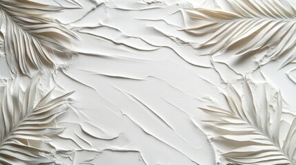 White textured background with abstract leaf patterns and smooth plaster-like surface, offering ample copy space.