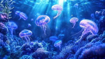 mystical underwater bioluminescent coral garden with ethereal jellyfish drifting through crystal-clear waters, rays of sunlight piercing deep blue depths, vibrant sea anemones swaying