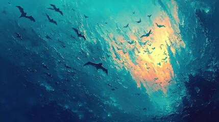 Fototapeta premium A large cave teeming with bats flying in and out, illuminated by a dim glow from within. The eerie setting evokes the connection between bats and zoonotic disease outbreaks 