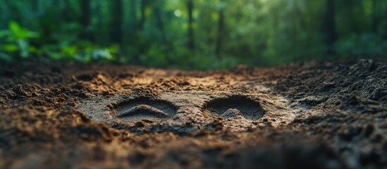Obraz premium Deer hoofprints in muddy forest trail with blurred green trees background