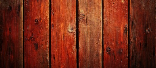 Fototapeta premium Close-up of Weathered Wooden Planks with Red Tint and Visible Knots