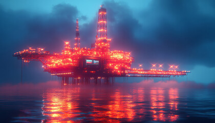 Fototapeta premium Futuristic offshore oil platform glowing in night sky