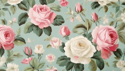 Fototapeta premium vintage floral fabric with soft pink roses and green leaves on blue background, perfect for upholstery or decoration
