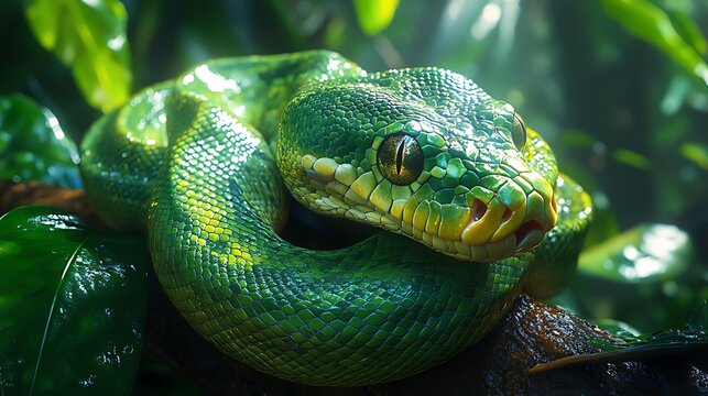 Green tree python coiled jungle branch sunlight rainforest