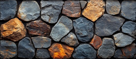 Fototapeta premium Stone wall texture with irregularly shaped rocks in various shades of gray and orange-brown hues