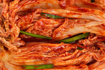 Korean traditional cabbage kimchi. Hot fermented napa cabbage. Top view.