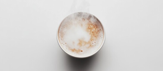 Top View of a Steaming Cappuccino in a White Cup on a White Background with Copy Space