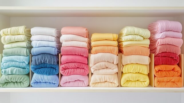 organized closet with color-coordinated clothing, precisely folded garments in rainbow order, bamboo storage boxes, minimalist white background, marie kondo style