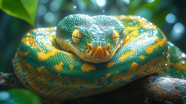 Green tree python resting rainforest branch bokeh