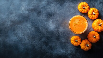 Mini pumpkins and glass of pumpkin juice on dark textured background with copy space