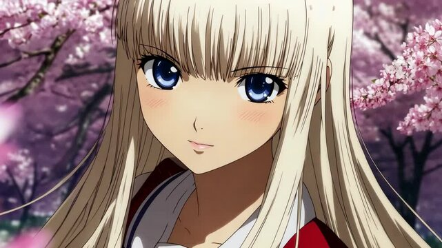 Beautiful anime character with long, light hair and blue eyes surrounded by cherry blossoms in springtime
