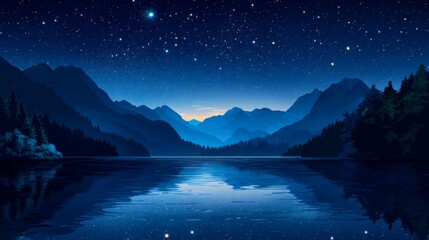 Dark Blue Night Lake And Mountain Starry Sky Landscape