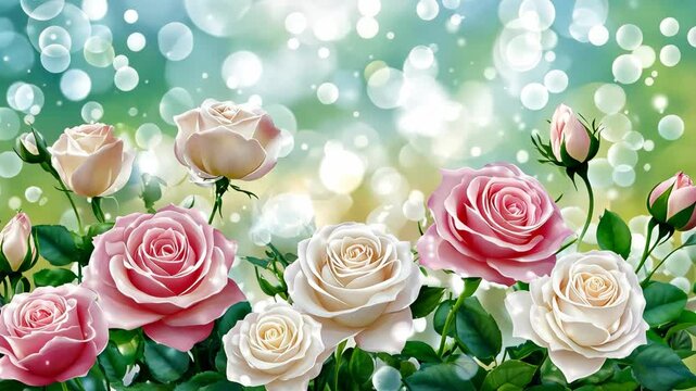 Elegant garden roses in soft focus with sparkling light outdoors during a sunny day