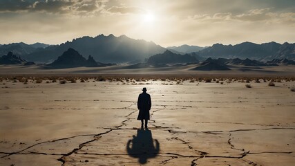 A double exposure of a lone figure combined with a vast, empty desert landscape, symbolizing isolation, solitude, and the search for meaning.