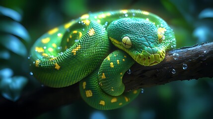 Fototapeta premium Green tree python sleeping rainforest branch rain nature