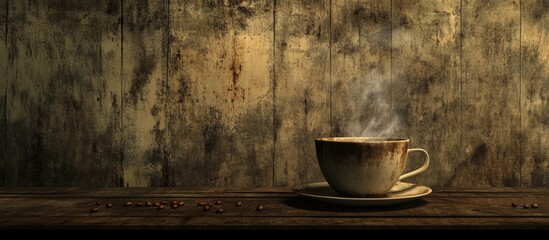 Steaming coffee cup on rustic wooden table with grunge textured wall background