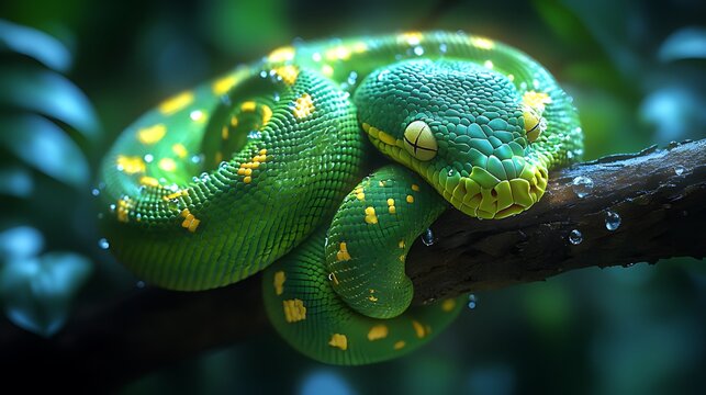 Green tree python sleeping rainforest branch rain nature