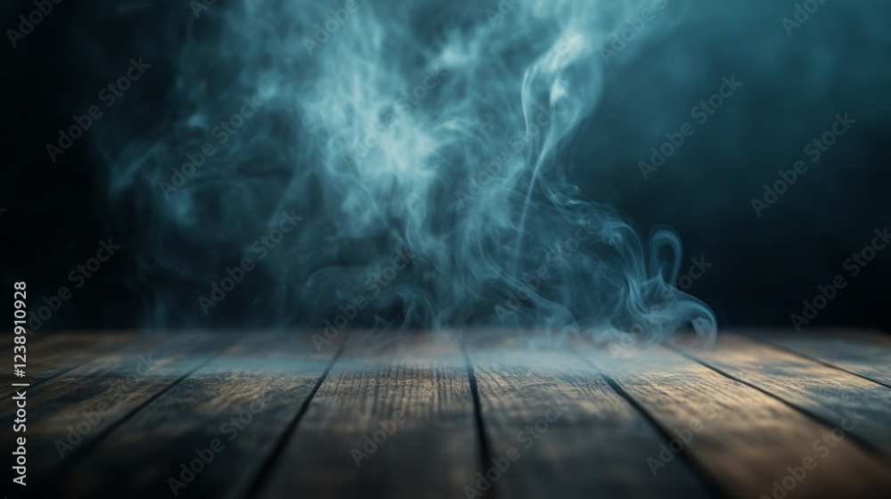 Poster A misty, ethereal scene with swirling smoke hovering above a wooden floor, creating a mysterious and atmospheric ambiance.