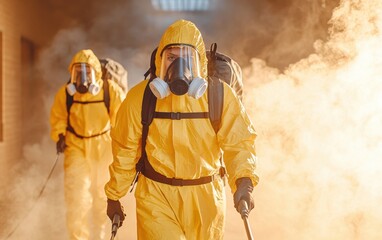 A public health worker spraying disinfectant in a crowded urban alley, with visible mist particles glowing in the dim light. The scene emphasizes sanitation as a key defense in disease prevention 