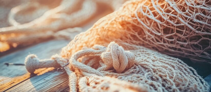 Close-up of fishing net and rope on wooden dock with sunlight effects - Powered by Adobe