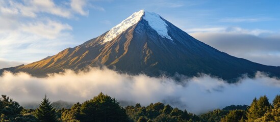 Snow-capped mountain with clouds and treetops in foreground under blue sky