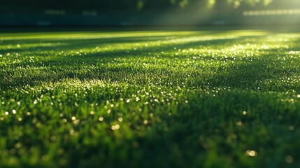 Naklejka premium professional soccer pitch at twilight, dramatic stadium lighting casting long shadows across pristine grass blades, ultra-detailed macro photography