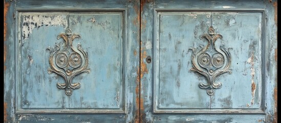 Weathered antique wooden door with ornate carvings and peeling blue paint.
