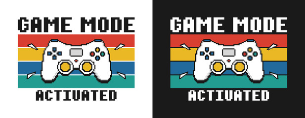 Gamer t-shirt design with pixel gamepad or joystick and pixilated text slogan. Tee shirt typography graphic for gamers. Slogan print for video game concept. Vector.