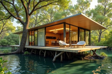 Obraz premium Modern wooden house on stilts in forest with tranquil water surroundings