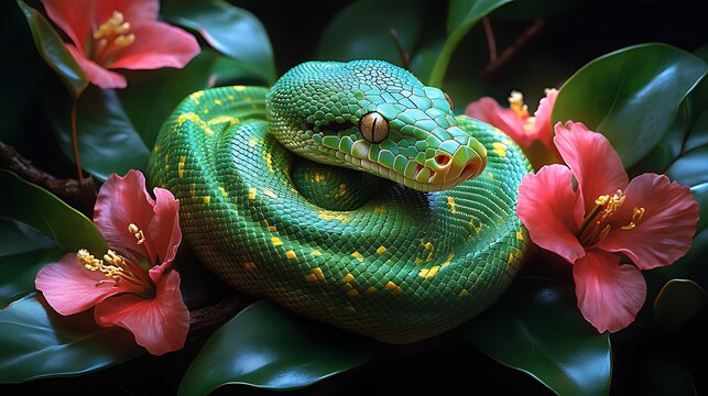 Green tree python coiled amidst hibiscus, jungle backdrop, nature print