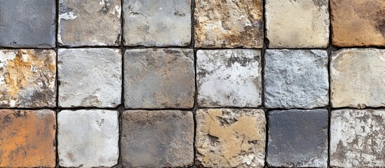 Fototapeta premium Weathered stone tile wall pattern with varied earthy tones and textures