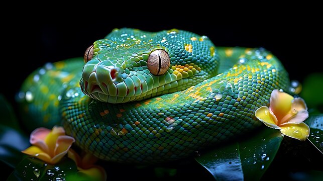 Green tree python coiled, rainforest, dew, flowers, studio, exotic pet