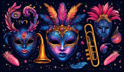 Fantasy carnival masks with intricate decorations, vibrant feathers, and golden musical instruments against a cosmic starry background Generative AI