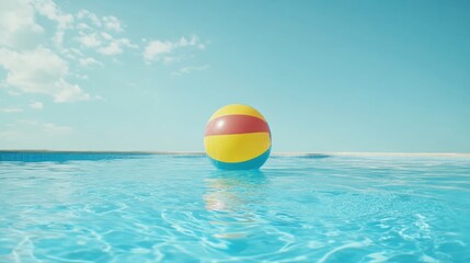 Colorful beach ball floating on calm water in swimming pool under clear blue sky with clouds