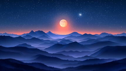 Silhouette Mountains Under a Full Moon and Starry Night Sky