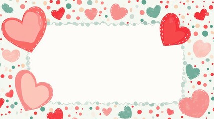 Valentine's Day background cute pink and red hearts border frame on a pastel polka dots pattern empty space backdrop	
