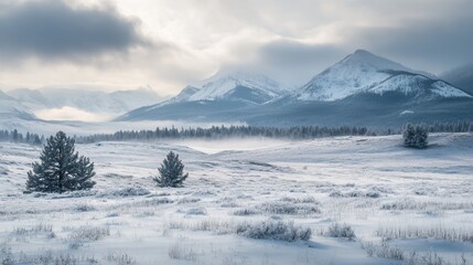 Fototapeta premium Snowy Mountain Landscape with Trees and Overcast Sky in Winter Season