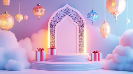 A whimsical, colorful scene featuring a decorative archway, floating lanterns, clouds, and gift boxes, creating a magical atmosphere.