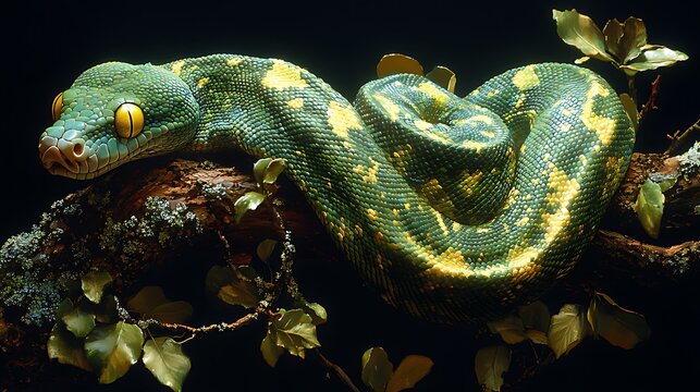 Green tree python coiled on branch, dark background, studio shot, reptile wildlife