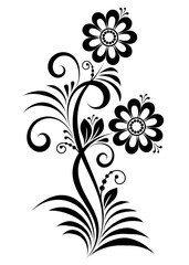 Black and white pattern with flowers, swirls, leaves and decorative elements on white isolated background, Floral design element