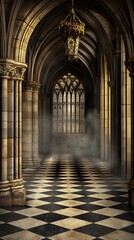 Fototapeta premium Mystical Gothic Cathedral Hallway: A Digital Painting of an Enchanting Medieval Corridor